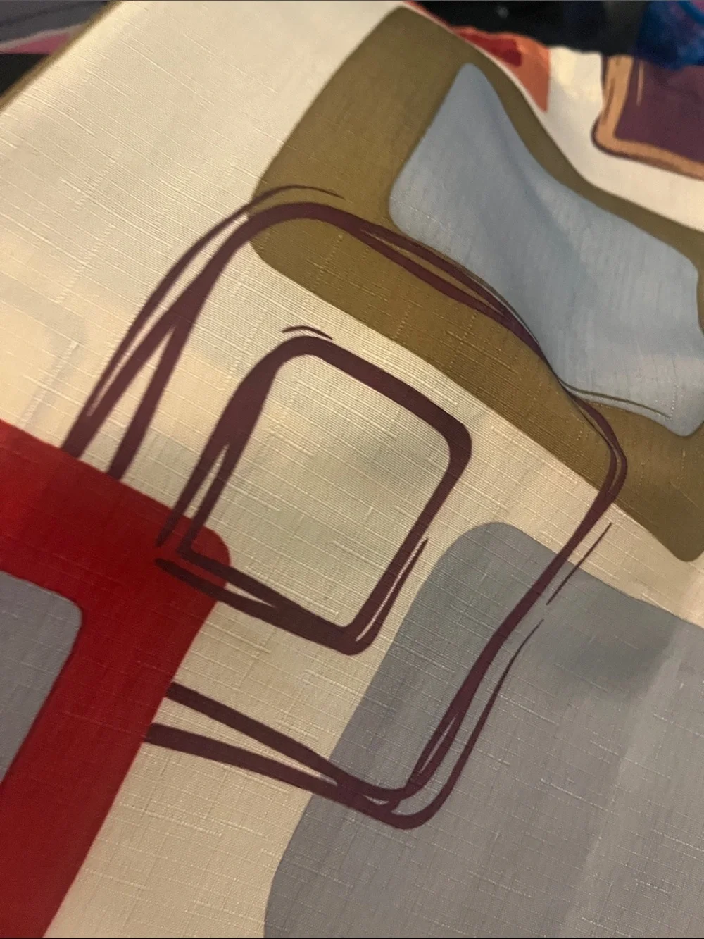 Pair of Modern Geometric Curtain Panels in Red, Gray, Tan Valance